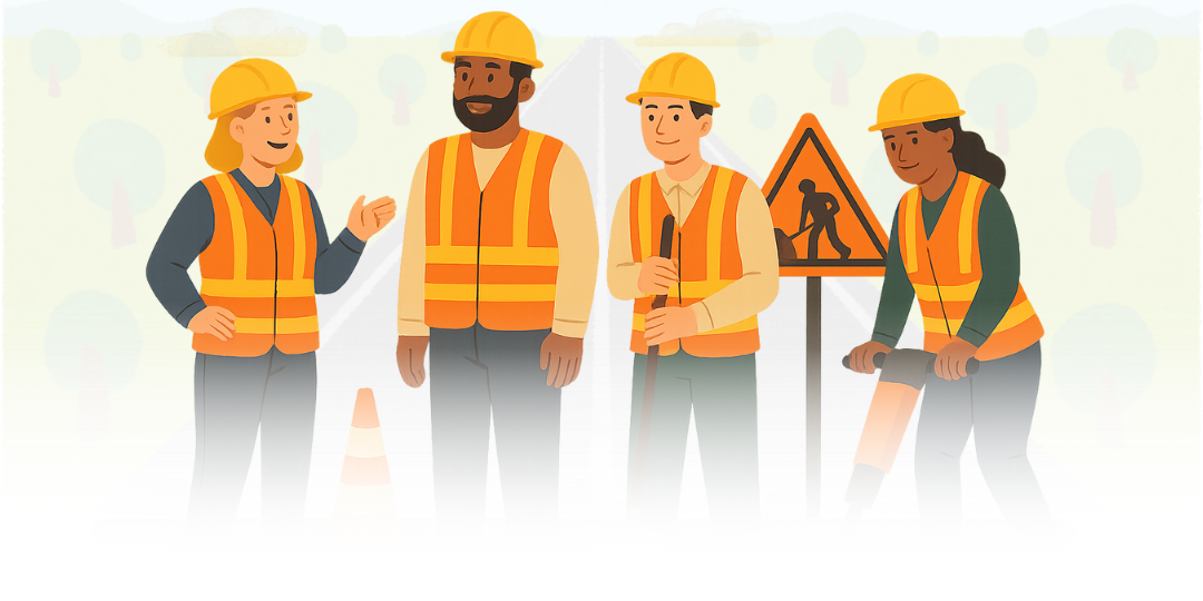 An illustration of four construction workers working.