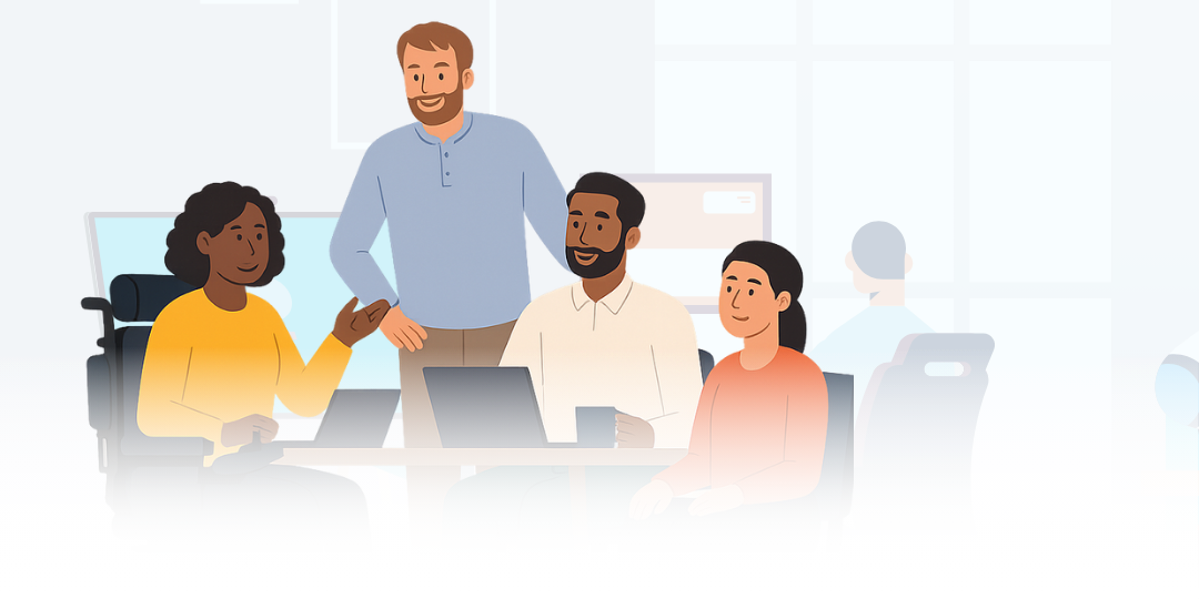An illustration of a diverse group in a meeting.