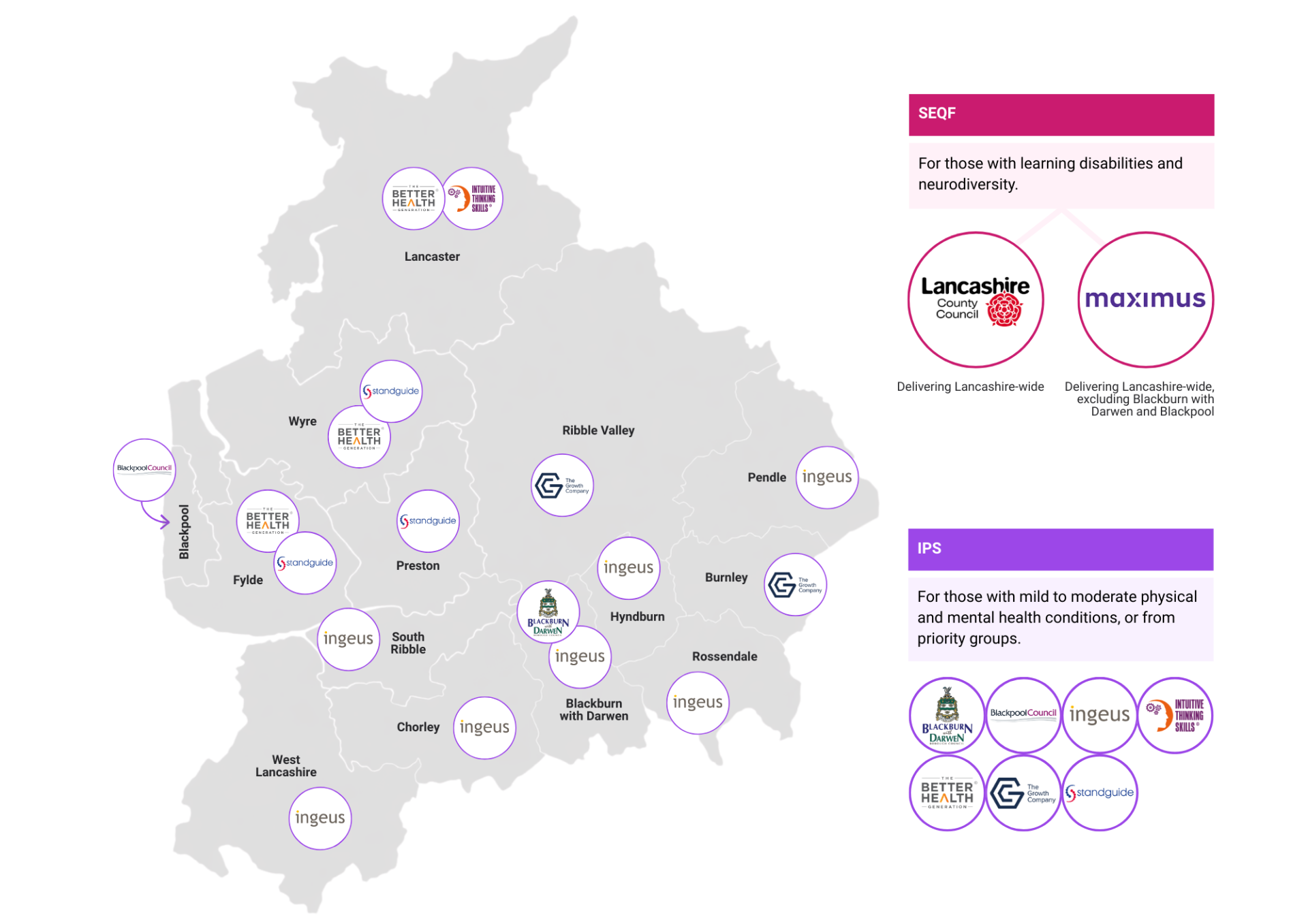 A map of Lancashire displaying district outlines and the delivery organisations assigned to each one, illustrating how support is distributed across the county.
