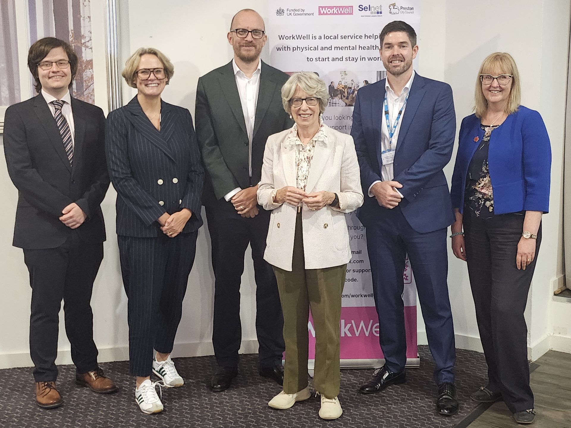 Group image of the speakers at the event Left to right : Conor Jackson – NHS Alliance Lisa O’Loughlin, Principle, East Lancashire Learning Group. Ben Harrison, Work Foundation, Lancaster University Dame Patricia Hewitt Alex Heritage, ICB Chief Strategy and Planning Officer Michele Lawty-Jones, Director, Lancashire Skills and Employment Hub